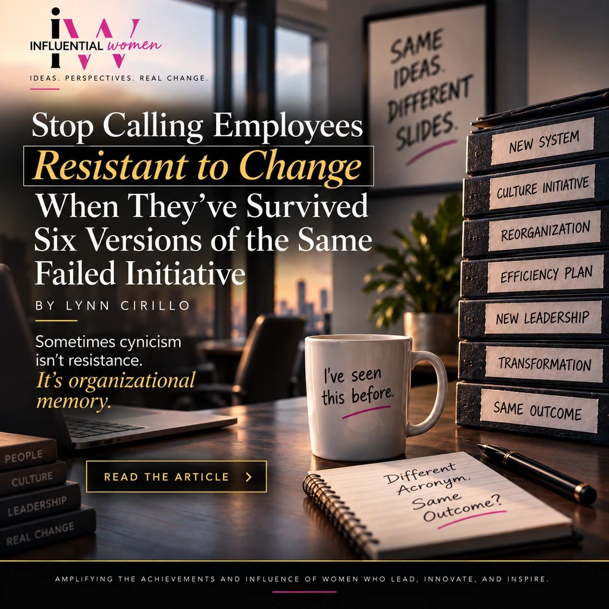 Office scene with a stack of past initiatives, illustrating organizational memory