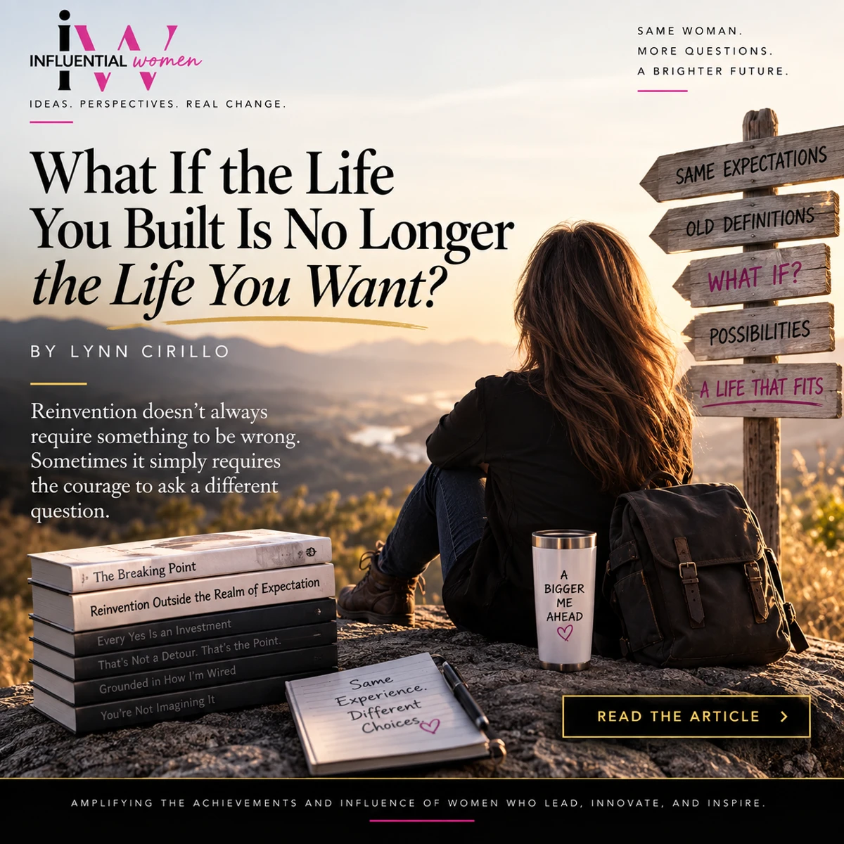A woman looking toward a sunrise and signposts pointing to new possibilities