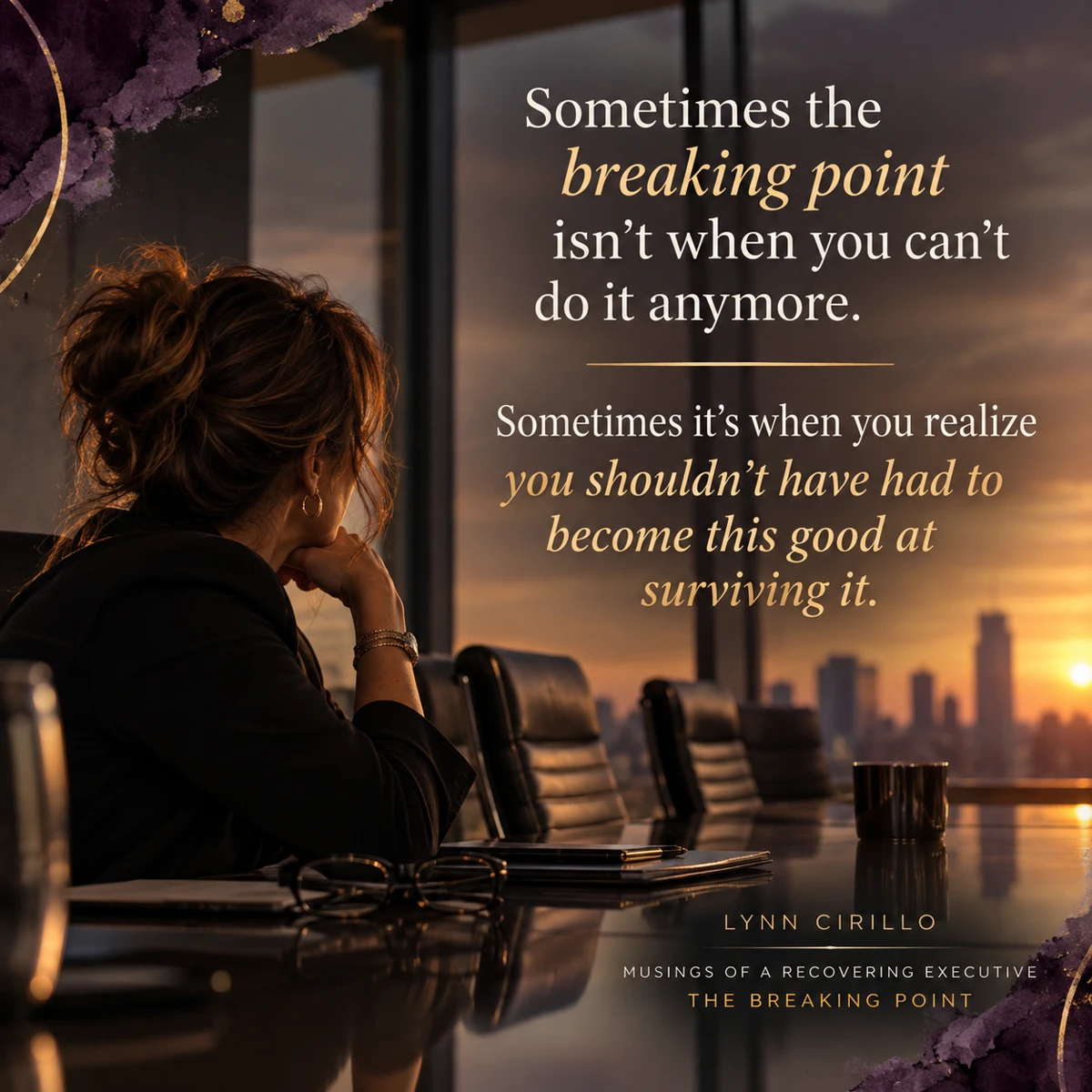 A woman in a boardroom at sunset, reflecting on the cost of surviving